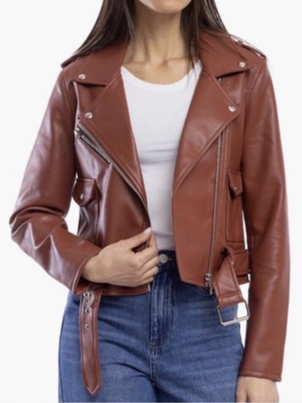 Blank NYC Cognac Faux Leather Moto Jacket
